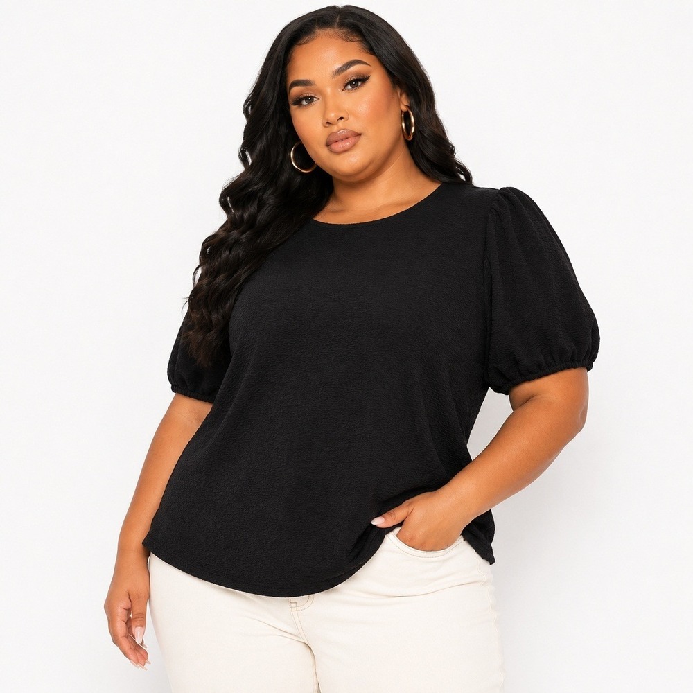 Les Serein Lani Black Short Sleeve Puff Sleeve Textured‎ Knit Top LP NWT